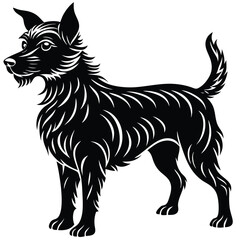 Black silhouette vector illustration of a black and white dog, a domestic animal pet