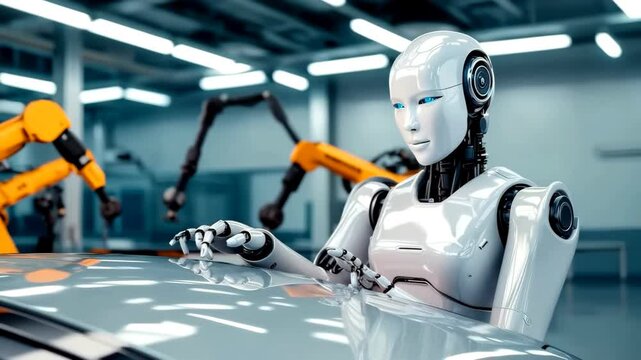 White female robot inspecting car body in automotive factory, medium shot