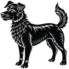 Black silhouette vector illustration of a black and white dog, a domestic animal pet