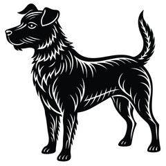 Black silhouette vector illustration of a black and white dog, a domestic animal pet