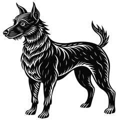 Black silhouette vector illustration of a black and white dog, a domestic animal pet