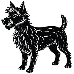 Black silhouette vector illustration of a black and white dog, a domestic animal pet