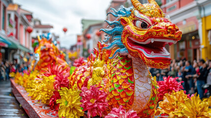 Fototapeta premium A vibrant and colorful Chinese dragon float parades through a festive street, surrounded by chee crowds and adorned with bright yellow and pink chrysanthemum flowers du a