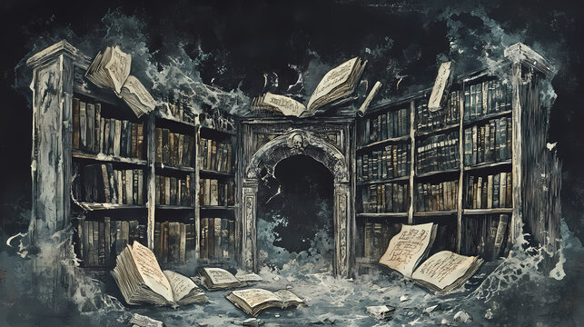 Library of shattered minds: a dusty library, filled with banned books and manuscripts, whose knowledge has driven their readers to madness and death. Cursed Manuscript. Illustration