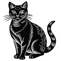 A cute black and white cat vector illustration depicts a feline pet silhouette
