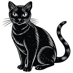 A cute black and white cat vector illustration depicts a feline pet silhouette