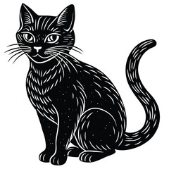 A cute black and white cat vector illustration depicts a feline pet silhouette