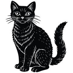 A cute black and white cat vector illustration depicts a feline pet silhouette