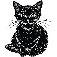 A cute black and white cat vector illustration depicts a feline pet silhouette