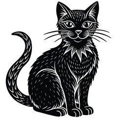 A cute black and white cat vector illustration depicts a feline pet silhouette