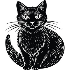 A cute black and white cat vector illustration depicts a feline pet silhouette