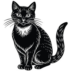 A cute black and white cat vector illustration depicts a feline pet silhouette