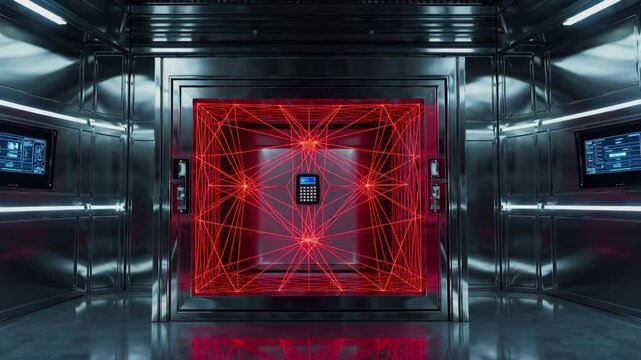 Futuristic vault door locks with red laser security system in hightech corridor