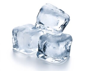 Obraz premium Three clear ice cubes stacked on white, slightly melting, perfect for summer drinks, cooling beverages, isolated on white background