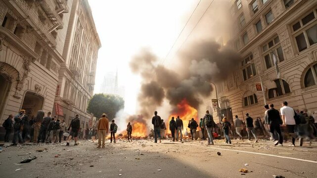 Urban protest turning violent with crowd facing smoke and fire in city street surrounded by historic buildings