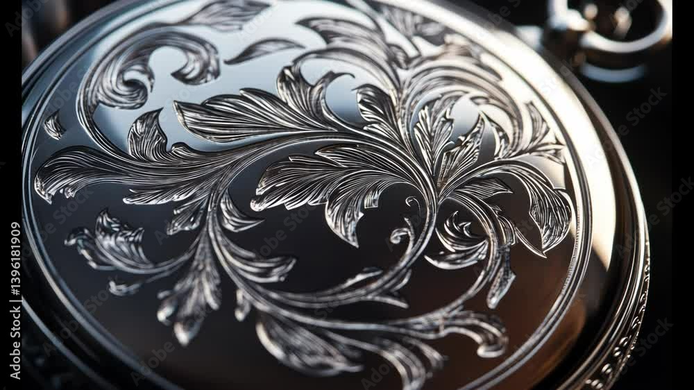 Poster a detailed view of a vintage silver pocket watch with intricate design and enamel work.