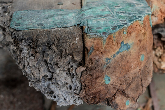 Details of decayed wood and copper found on the salvaged sunken wrecked ship off Fort Gaines on Dauphin Island Alabama