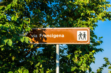 Un cartello stradale indica la direzione della Via Francigena davanti a un albero 