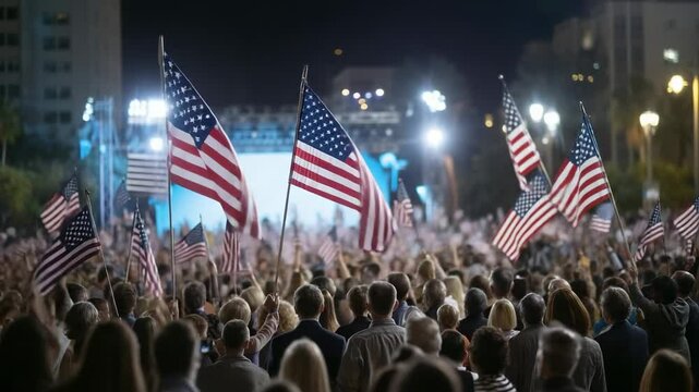 Patriotic crowd waving American flags at night during political rally with bright lights and energetic atmosphere