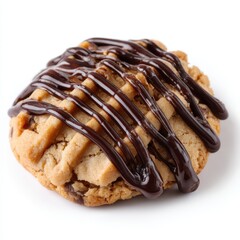 Close up of a cookie with chocolate drizzle isolated on white background