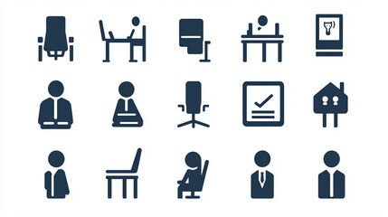 Office icons set vector illustration of business people desk chair and other office related objects