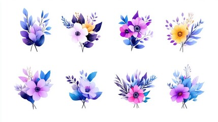 A collection of colorful floral bouquets with various flowers, delicately arranged with green leaves, artistic digital illustration, and vibrant and elegant design.