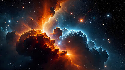 Obraz premium Vivid Interstellar Nebula with Glowing Stars, Colorful Gas Clouds in Shades of Purple, Blue, Orange. Deep Space Background