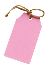 Pink paper tag with brown string on a transparent background, conceptual art