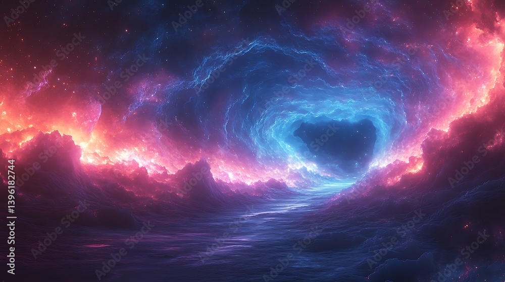 Sticker a surreal floating landscape of luminous, fractal-like patterns stretching into infinity, glowing wi