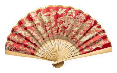 Red silk hand fan with golden floral patterns and wooden ribs on transparent background, digital art