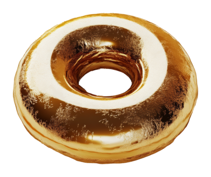 Golden shiny donut with reflective surface against transparent background concept