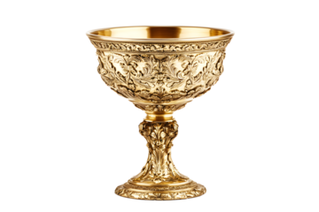 Ornate golden goblet with intricate carvings on a dark backdrop on transparent background