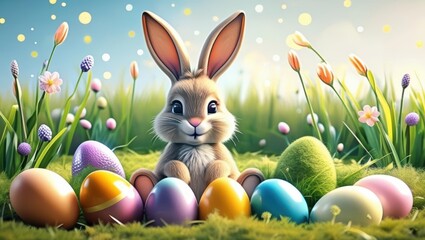 Fototapeta premium Adorable Easter Bunny With Decorated Eggs In Spring Grass. Coloring Page Style Illustration Featuring Cute Rabbit And Festive Easter Eggs Amidst Lush Springtime Meadow.