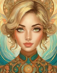 Fototapeta premium A blonde-haired female avatar with short wavy hair and brown eyes, looking straight ahead with a mysterious expression. A stunning AI-generated character design with captivating features.