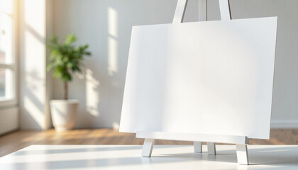 Fototapeta premium Blank canvas on an easel in a bright, modern studio 