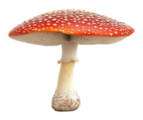 Red and white fly agaric mushroom with a detailed close-up view on transparent background, captivating nature