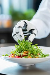 A futuristic robot chef meticulously arranges microgreens on a gourmet salad, showcasing precision and innovation in high-end AI-powered dining