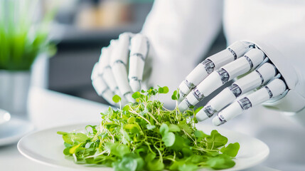Close-up of a robotic chef plating salad with mechanical grace in a sleek futuristic restaurant. Clean background with space for text