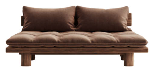 Brown upholstered wooden sofa with twin cushions on a transparent background