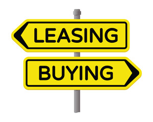 Leasing vs Buying Directional Sign – Yellow Panels with Black Text on a Grey Pole
