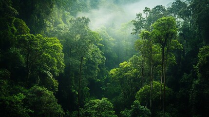 A dense green forest canopy with mist rising through the trees creating a serene atmosphere view