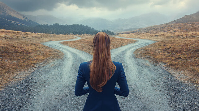 Woman decision making at crossroads path choice career opportunity future direction business strategy concept