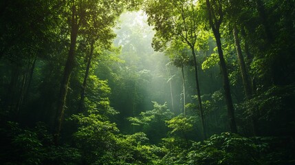 Lush green forest canopy with sunlight streaming through the trees creating a mystical atmosphere