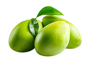 Obraz premium Close up of a group of green mangos with leaves on dark setting on transparent background