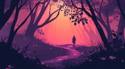 Mysterious journey through a dark enchanted forest filled with whispering shadows and trees. Whispering Depths. Illustration