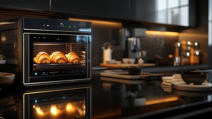 Modern kitchen interior featuring a sleek black countertop, stylish oven, and golden-brown pastries enhancing the atmosphere with warm light