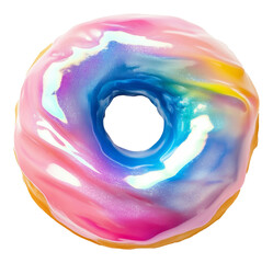 Colorful donut with glossy pink, blue, and yellow frosting, isolated on transparent background