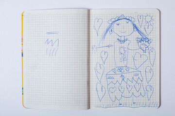 Open notebook with child’s sketches and handwriting—ideal for school memories, creativity, or...