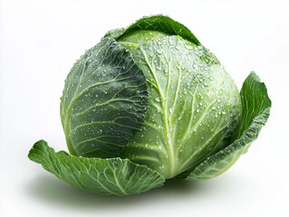 Obraz premium Fresh green cabbage with water drops on white background