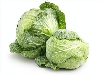 Fototapeta premium Two fresh green cabbages resting on a white background